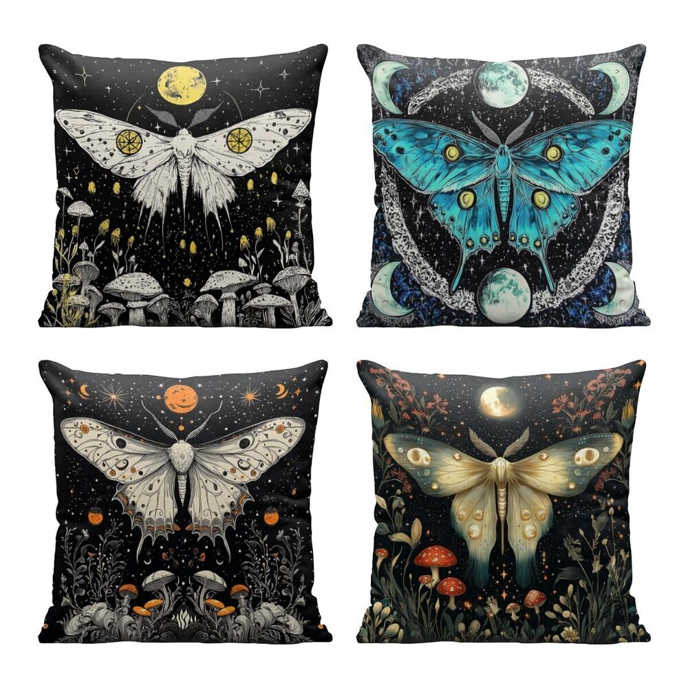 2837 Butterflies Pillow Covers 18x18 Inch Set of 4, Moths Flowers Moon